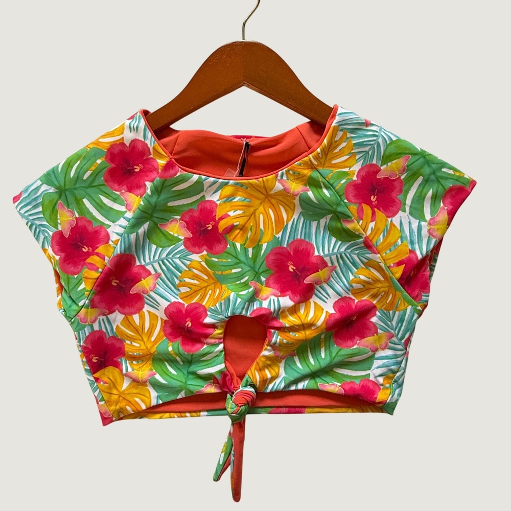 Moana Bikini Womens Tropical Floral Tie Front Crop‎ Swim Top Size M Surf Boho